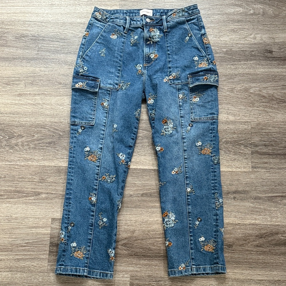 DRIFTWOOD Blue Floral Embroidered Cropped Jeans Royce Straight Leg Cargo Denim - Picture 2 of 7